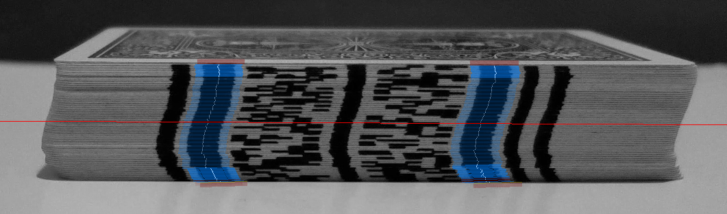 Landmark traces are visualized in the blue region. The innermost landmarks are traced to find the column of pixels through the center of each landmark. This process locates the top and bottom of the deck while also providing contour information for the stacked deck.