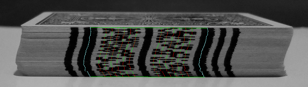 A visualization of Mark Lines used to trace through columns of bits. These Mark Lines follow the contour of the deck provided by the landmark trace process. These lines are Red where a bit is determined to be set and Green where bits are determined to be unset.