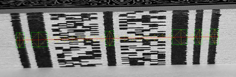 A visualization showing the components of the marked deck along a Search Line (shown in Red). The position of each component from the Deck Definition (see the Deck Definitions section) is denoted with a vertical Yellow line slicing perpendicularly though the Search Line. Landmarks are represented with the addition of a Green box.