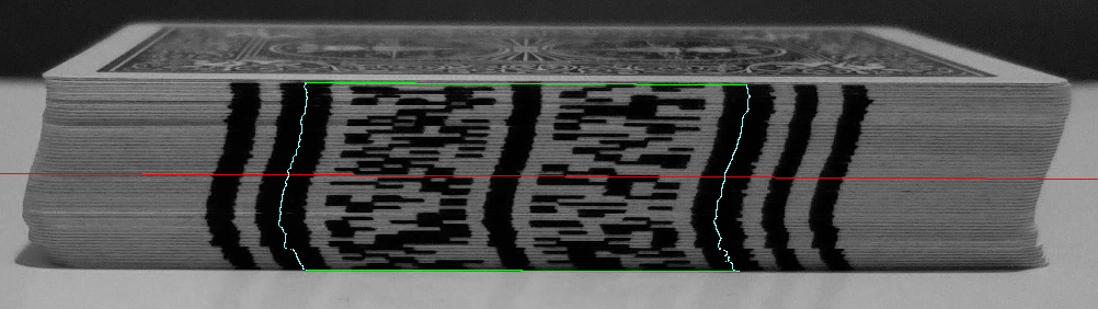 A visualization of the deck extents, represented by the two Green lines connecting the endpoints of the center columns of the traced landmarks.