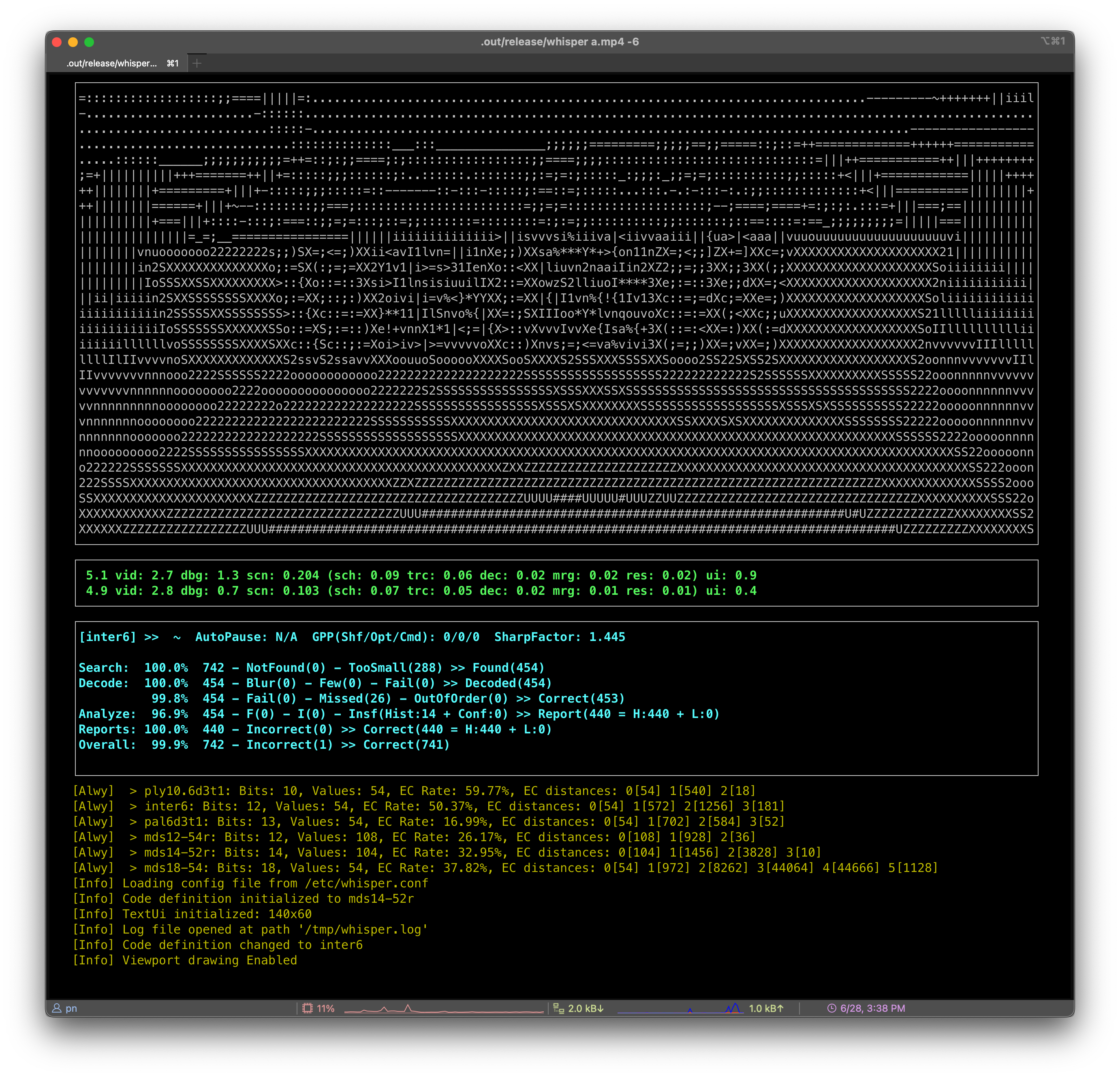 The Whisper server in console text mode running a simulation using an input video.